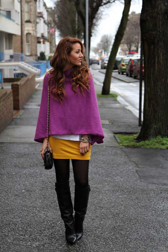 Hermes bracelet enamel, chanel bag, beautiful girl, tight skirt purple poncho, yellow skirt, tamara kalinic