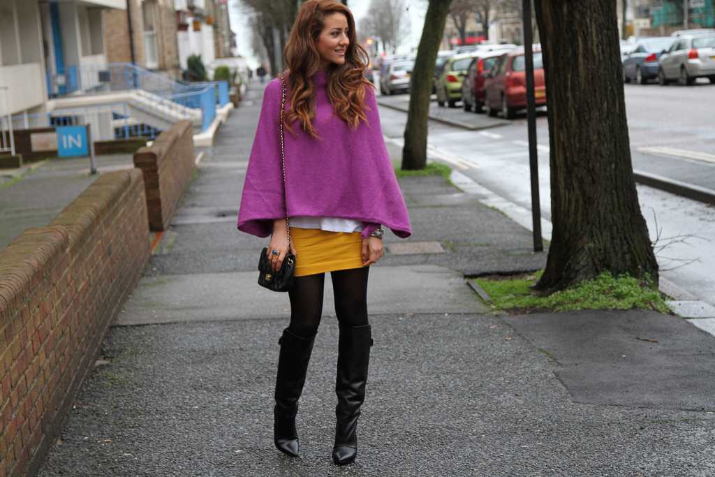rare chanel bag, purple yellow outfit, fashion style girl in skirt