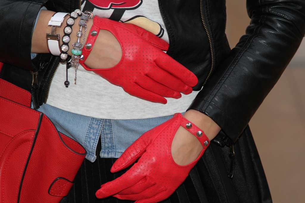 red, bag, gloves, sweater, heels