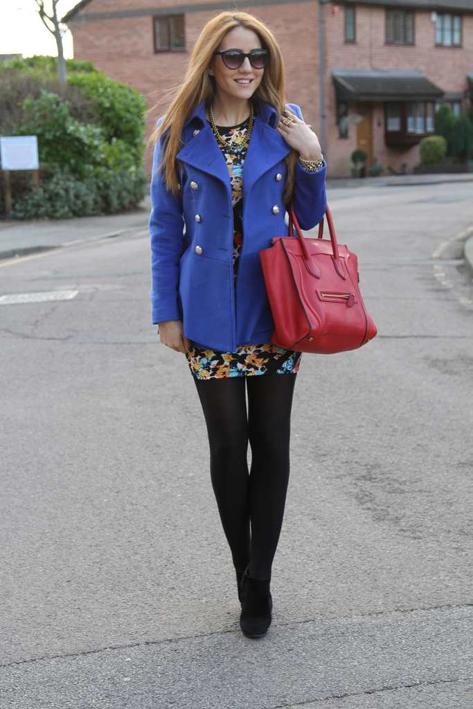 floral dress with red bag outfit, celine