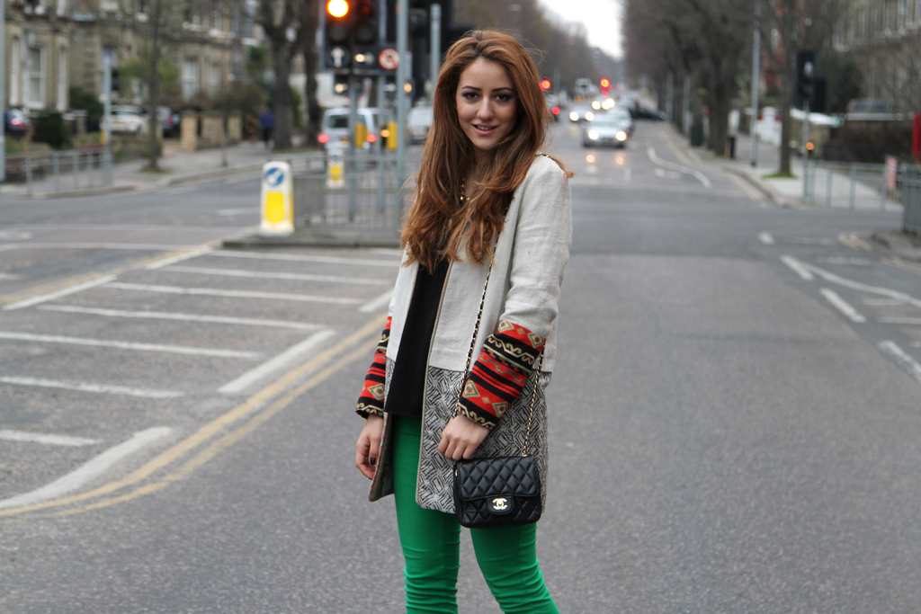 aztec print, zara coat, jacket, chanel bag, christian louboutin