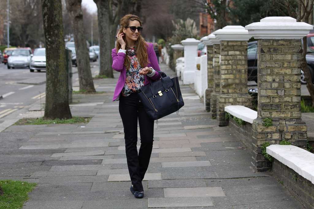 seve jeans, phillip lim bag, pashli bag, navy, purple, shoes, floral, shirt, blazer