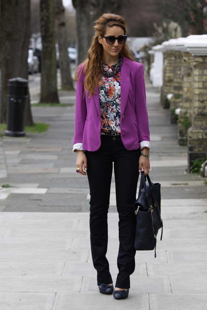 pretty girl, outfit, blog, fashion, floral shirt, blazer, purple