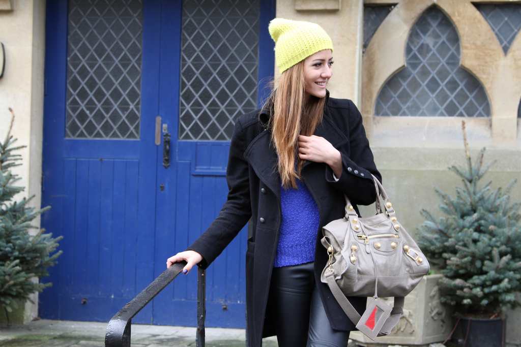 yellow beanie, hat, electric blue, winter outfit, perfect, balenciaga, style, fashion