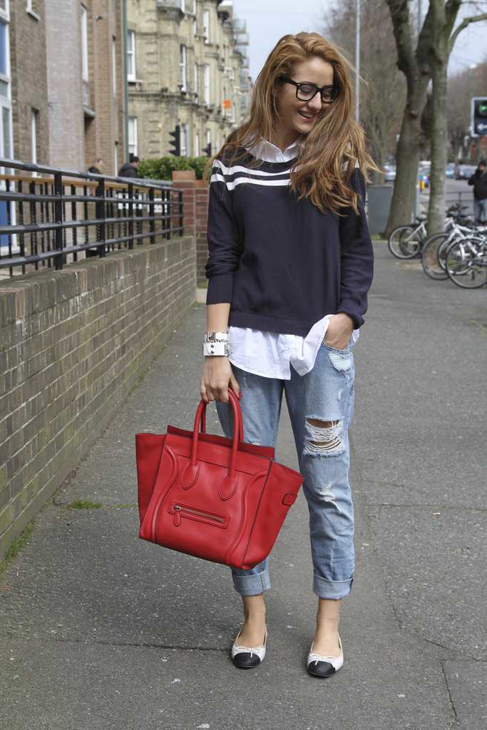 boyfriend jeans, chanel flats, nerd glasses