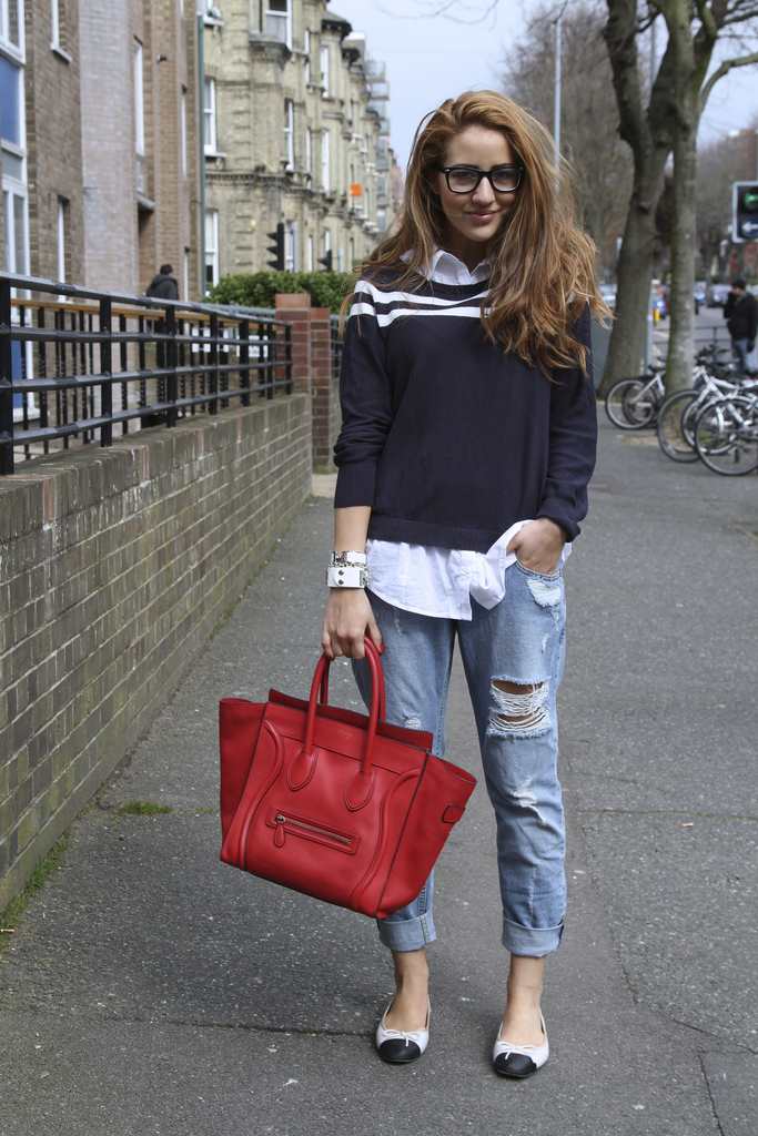 boyfriend jeans, celine luggage tote, chanel flats