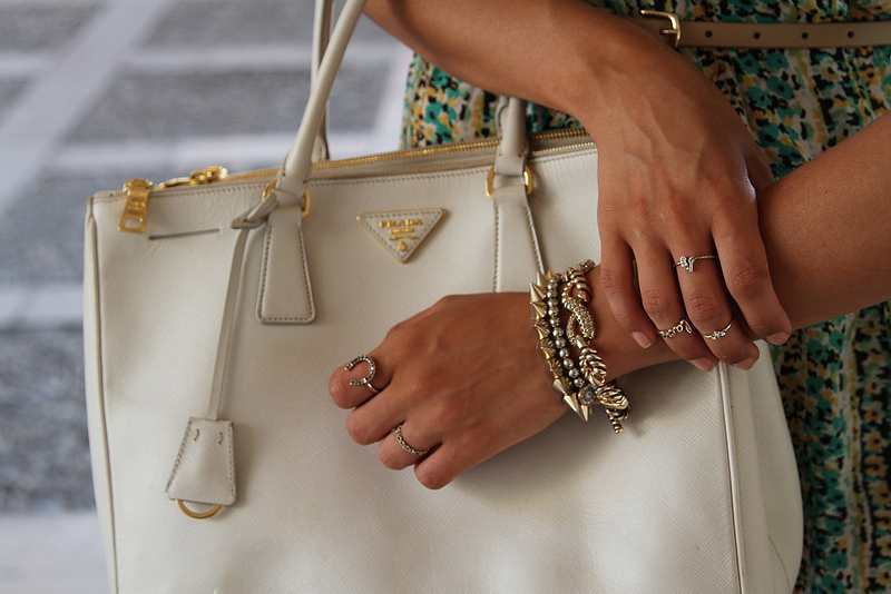 pollenca, mallorca, outfit post, blog fashion, street style blog, prada saffiano white tote, jimmy choo dawn sandals, silk dress, print dress, theglamandglitter, tamara kalinic, rings, dainty jewellery, asos evil eye,